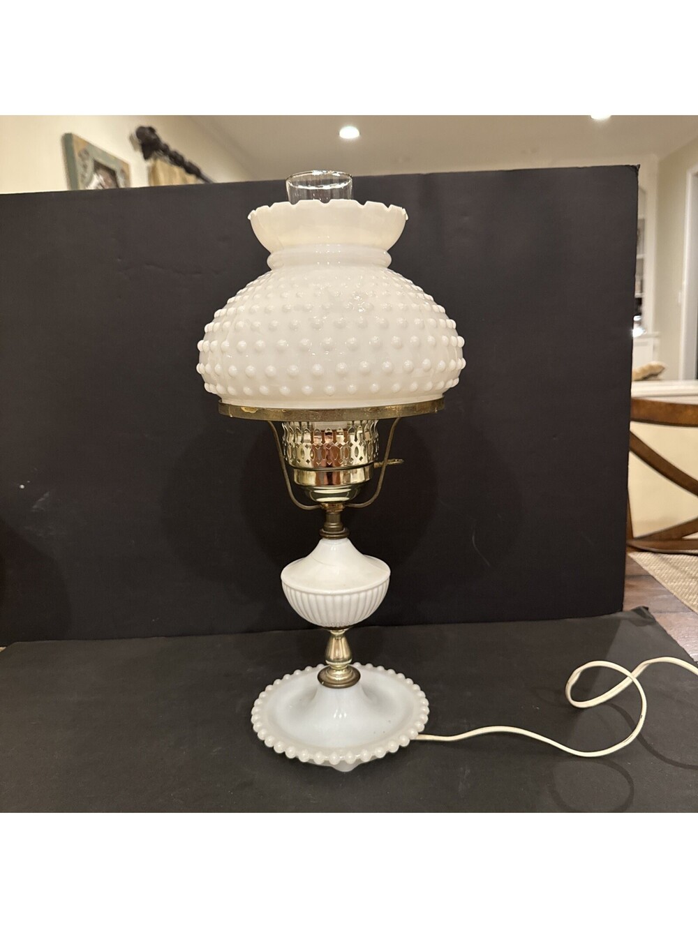 Vintage Hobnail Milk Glass Hurricane Lamp Light 18” H By 8.5” W